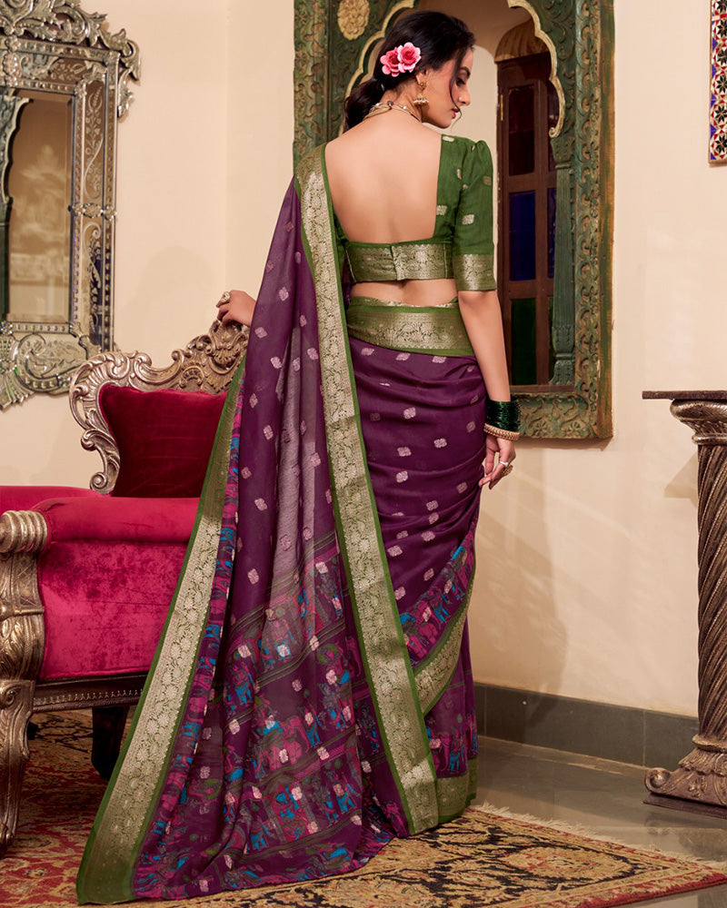 Wine Color Poly Cotton Kalamkari Print With Zari Work saree - ETHNICDEAL