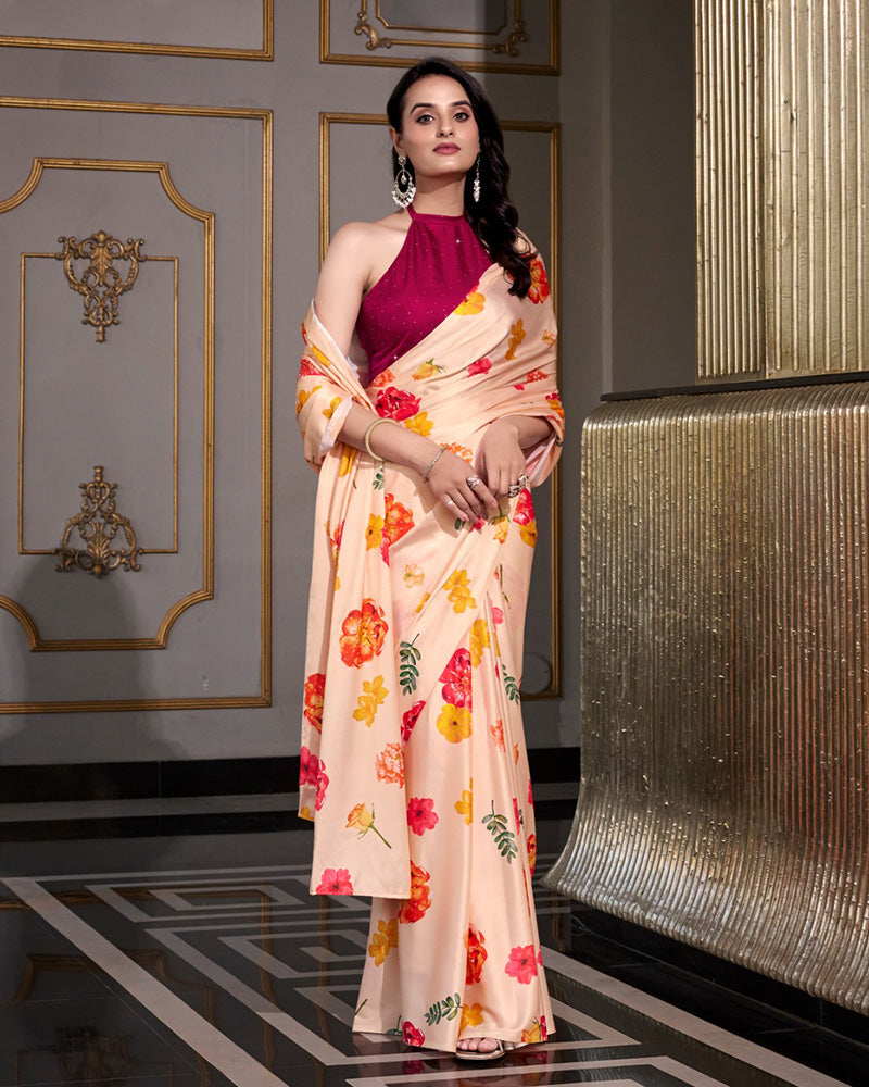 Cream Color Satin Silk Printed Saree - ETHNICDEAL