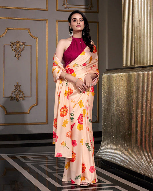 Cream Color Satin Silk Printed Saree - ETHNICDEAL