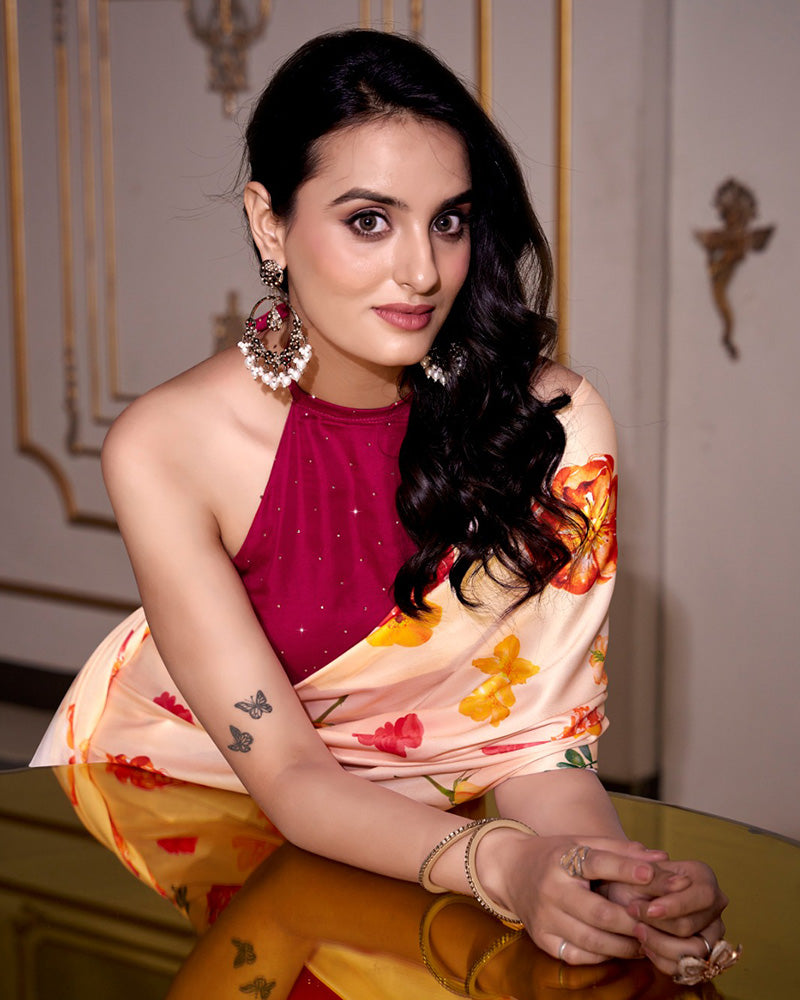 Cream Color Satin Silk Printed Saree - ETHNICDEAL