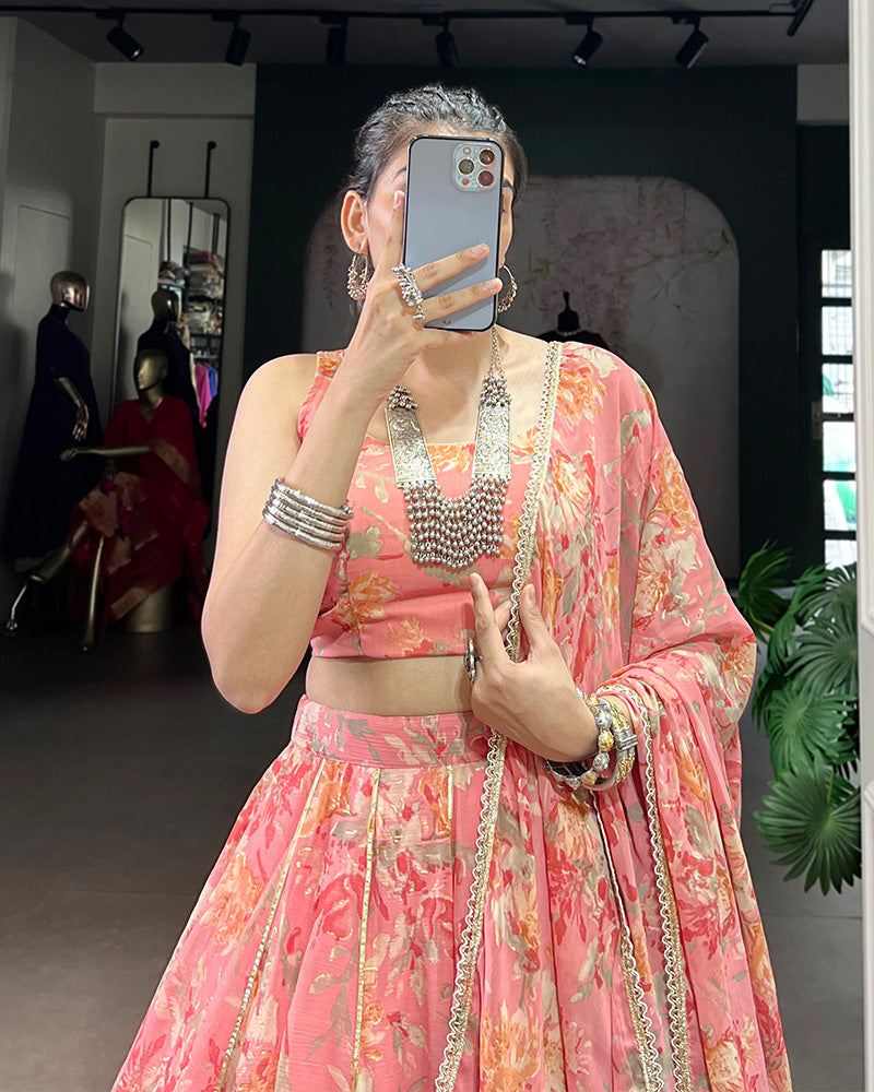 Mesmerizing Peach Color Chiffon Printed Lehenga Choli - ETHNICDEAL