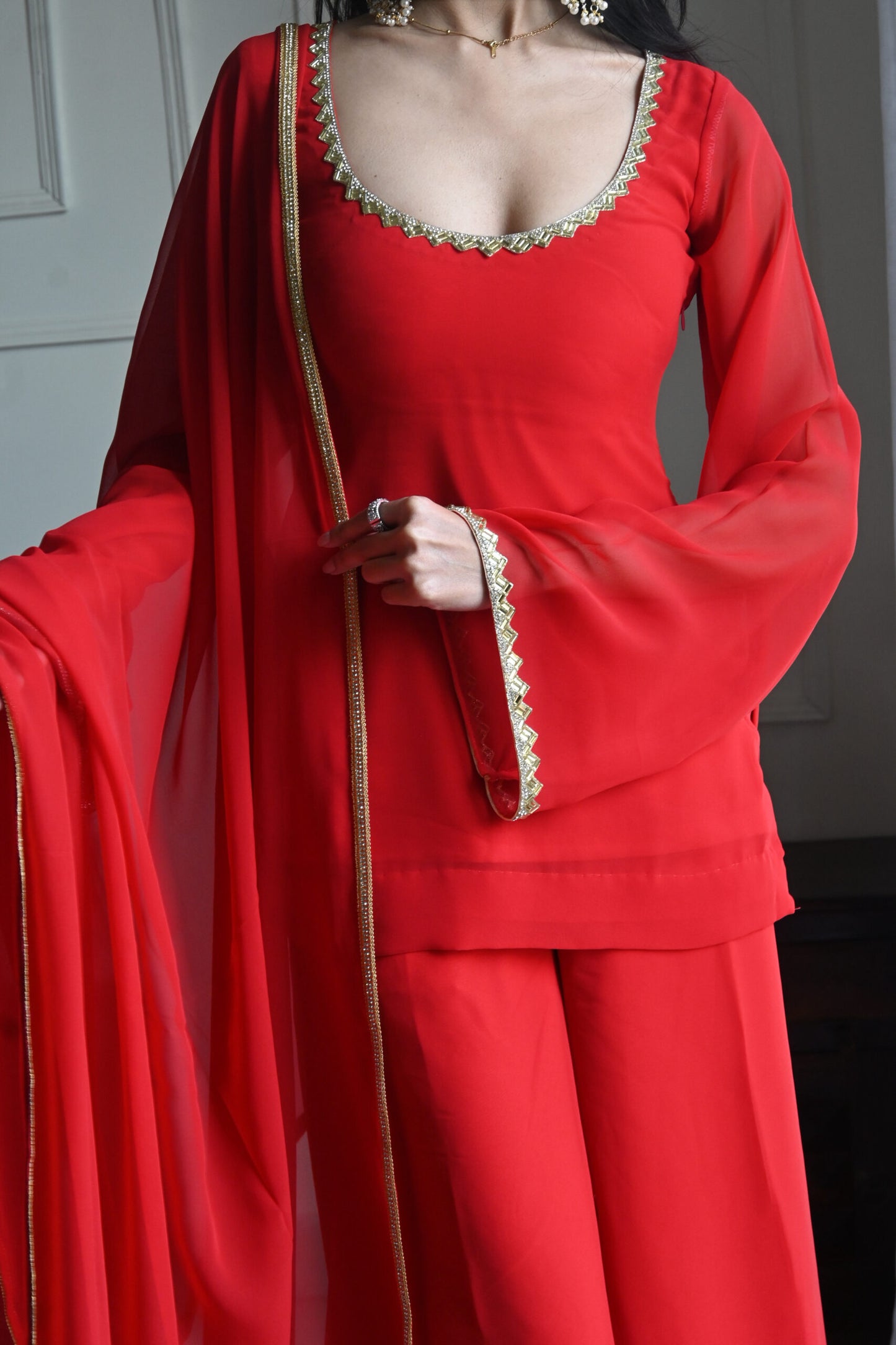 90's Style Red Handcrafted Georgette Palazzo Sharara Suit Set | Wedding & Party Wear