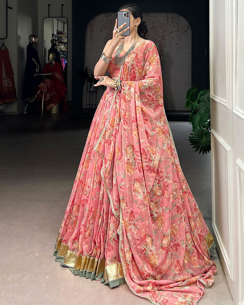Mesmerizing Peach Color Chiffon Printed Lehenga Choli - ETHNICDEAL