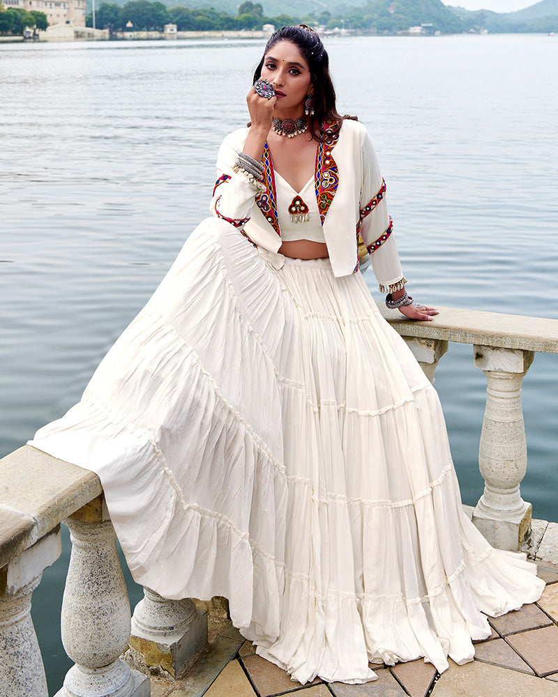 Traditional White Pure Rayon Lehenga Choli for Navratri Festival - ETHNICDEAL