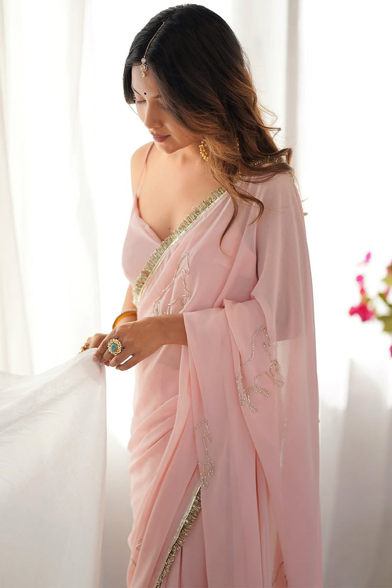 Ready To Wear Baby Pink Pre Draped Georgette Saree For Women - Reception And Wedding Wear