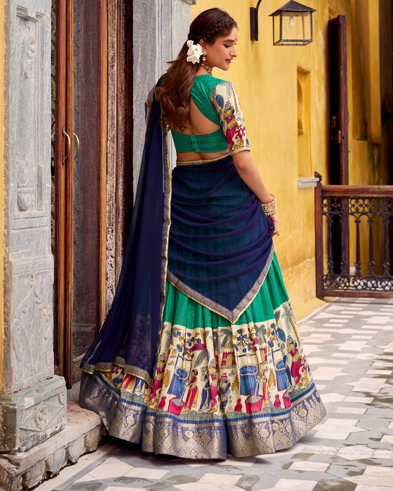 Bottle Green Color Poly Chanderi Printed Lehenga Choli - ETHNICDEAL