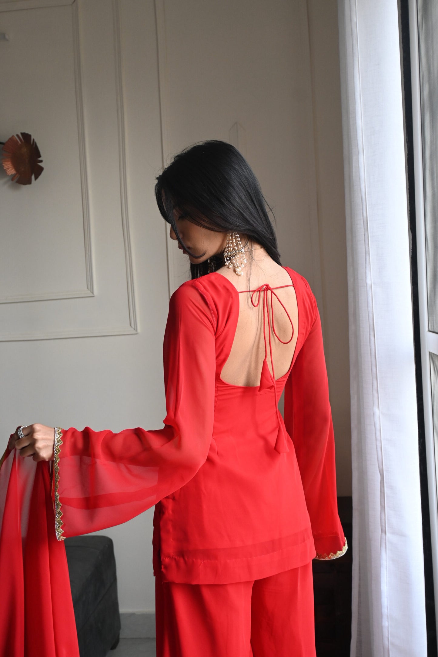 90's Style Red Handcrafted Georgette Palazzo Sharara Suit Set | Wedding & Party Wear