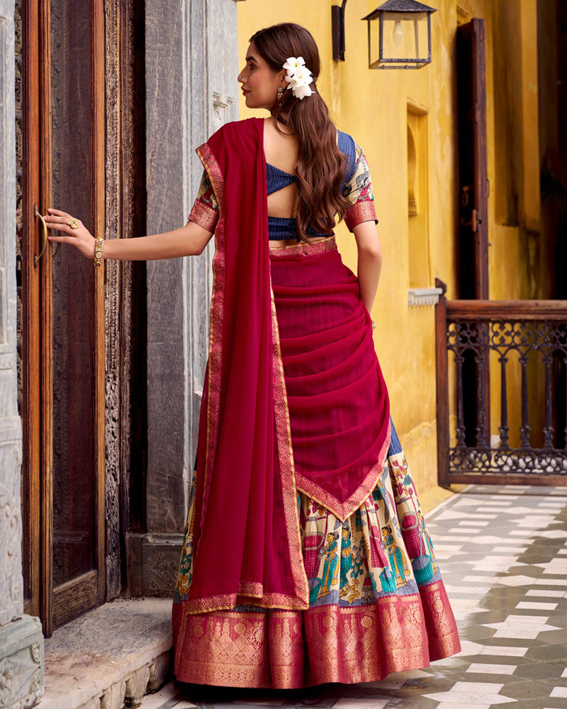 Navy Blue Color Poly Chanderi Printed Lehenga Choli - ETHNICDEAL