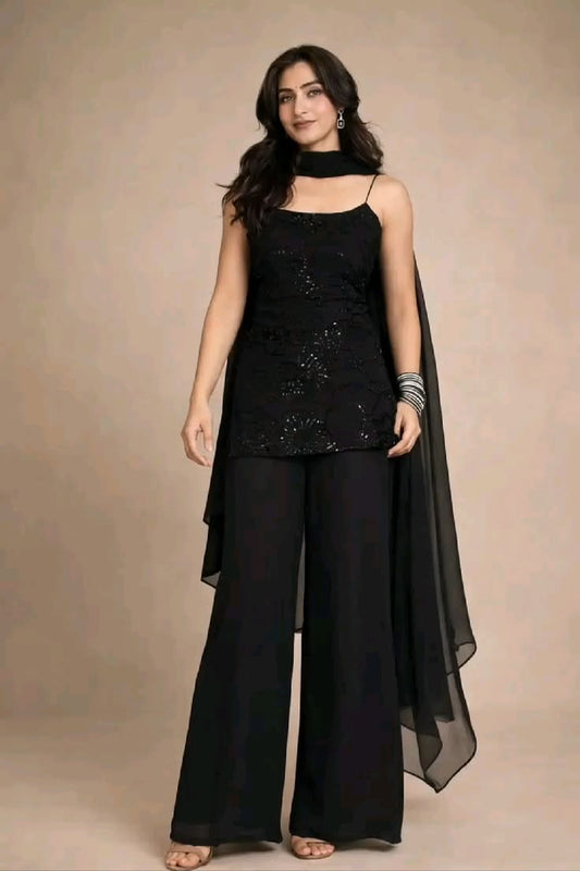 90's Fashion Inspired Black Ethnic Sharara Set For Women | 90s Kurti Set