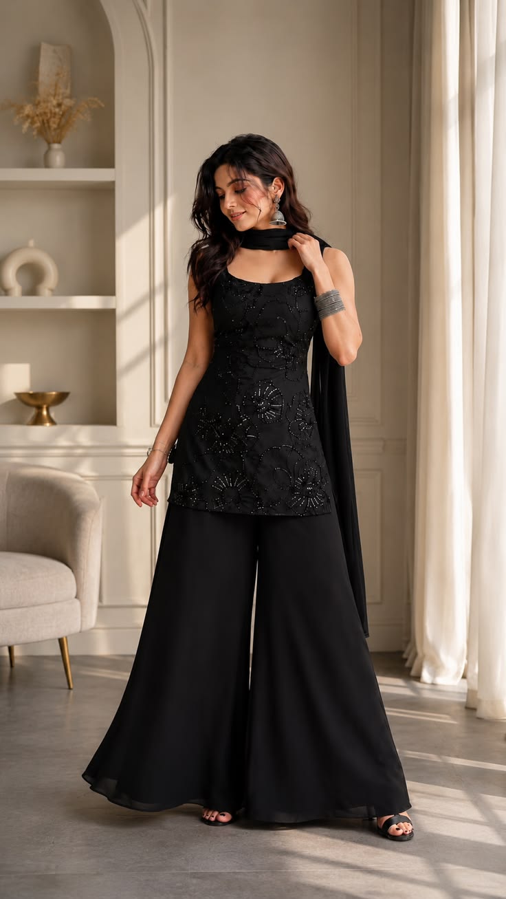 90's Fashion Inspired Black Ethnic Sharara Set For Women | 90s Kurti Set