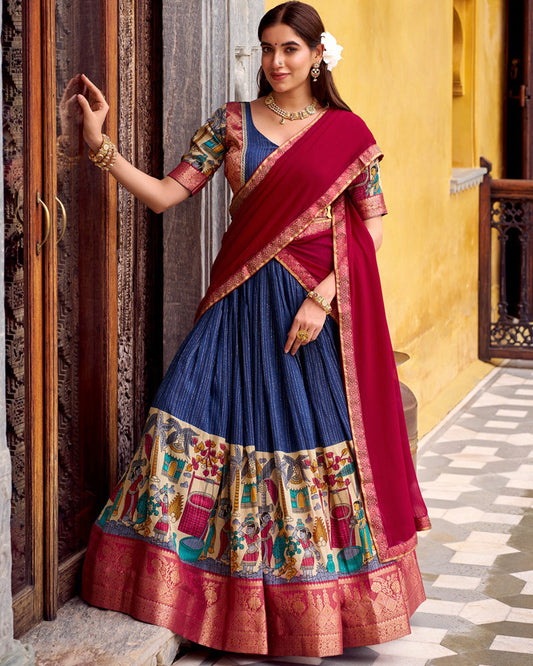 Navy Blue Color Poly Chanderi Printed Lehenga Choli - ETHNICDEAL