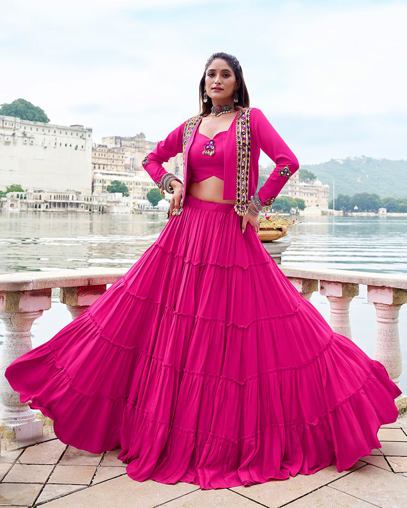 Traditional Pink Rayon Lehenga Choli for Navratri and Garba - ETHNICDEAL