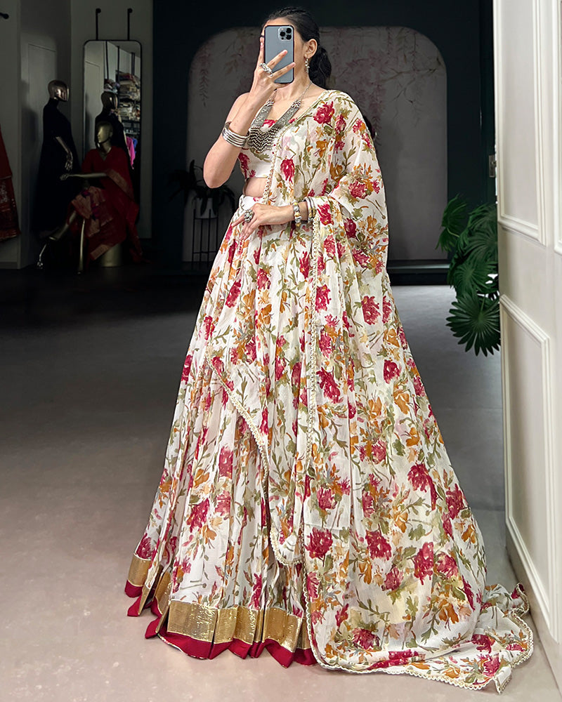 Radiant White Color Chiffon Digital Printed Lehenga Choli - ETHNICDEAL