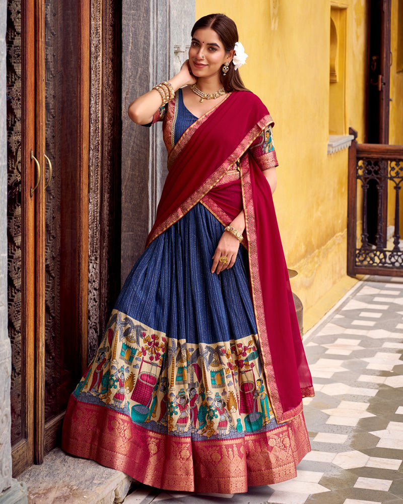 Navy Blue Color Poly Chanderi Printed Lehenga Choli - ETHNICDEAL