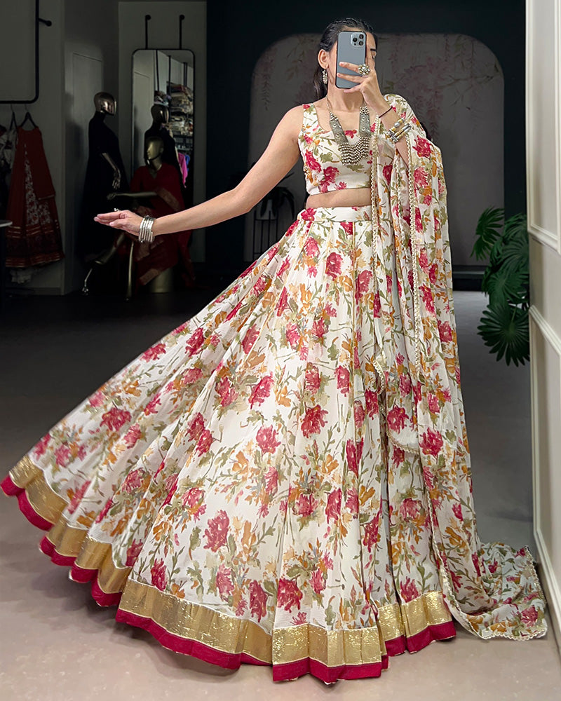 Radiant White Color Chiffon Digital Printed Lehenga Choli - ETHNICDEAL