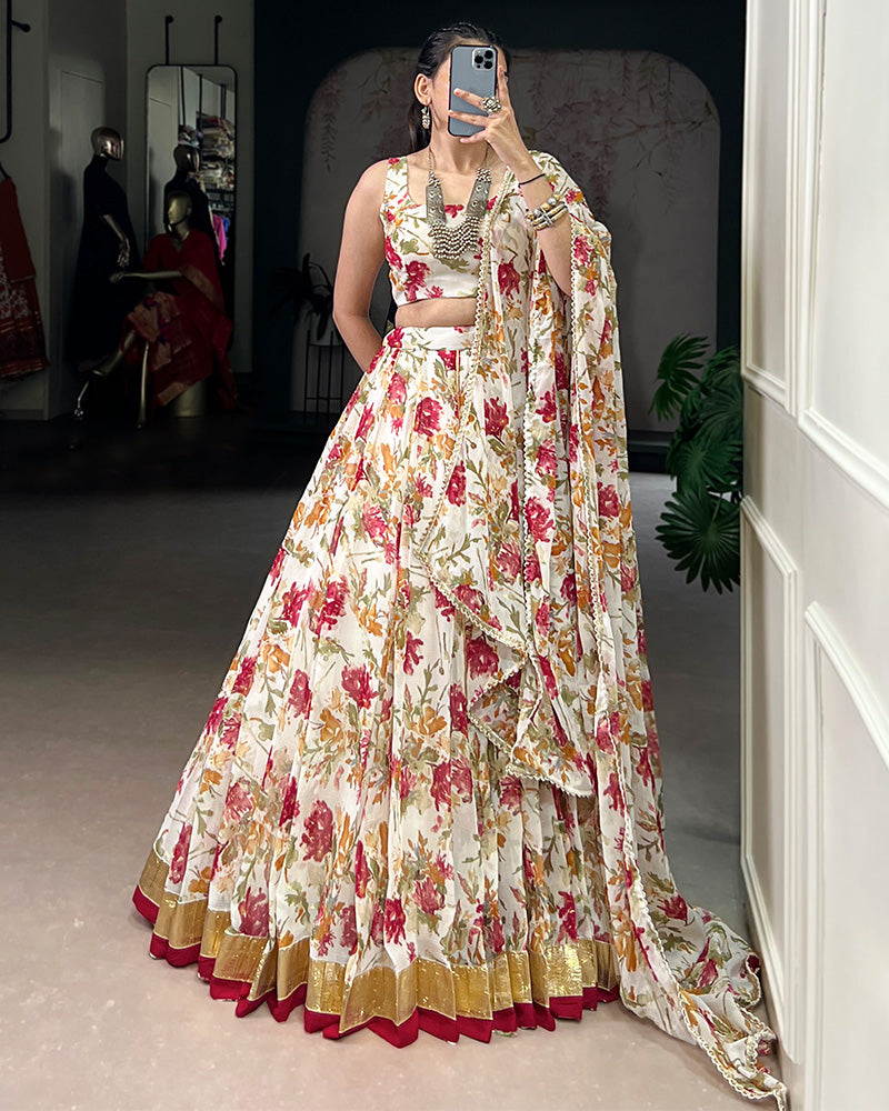 Radiant White Color Chiffon Digital Printed Lehenga Choli - ETHNICDEAL