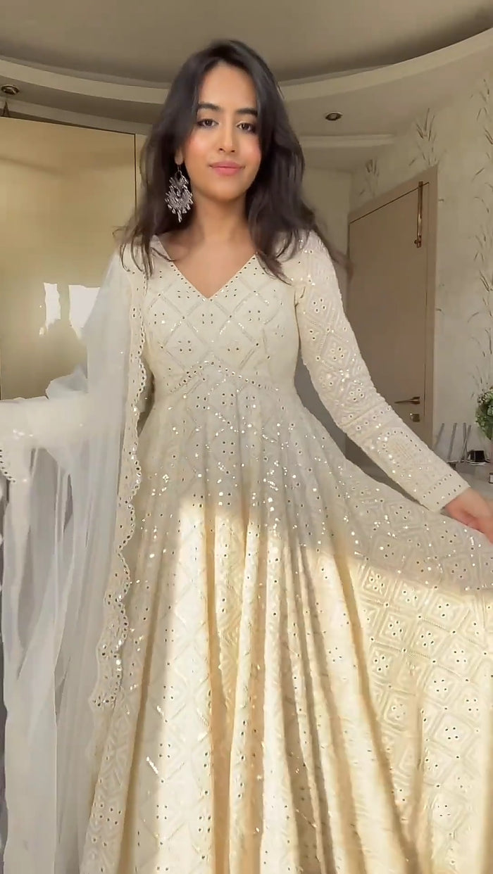 White Lucknowi Embroidered Georgette Anarkali Suit For Women | White Anarkali Suit For Women