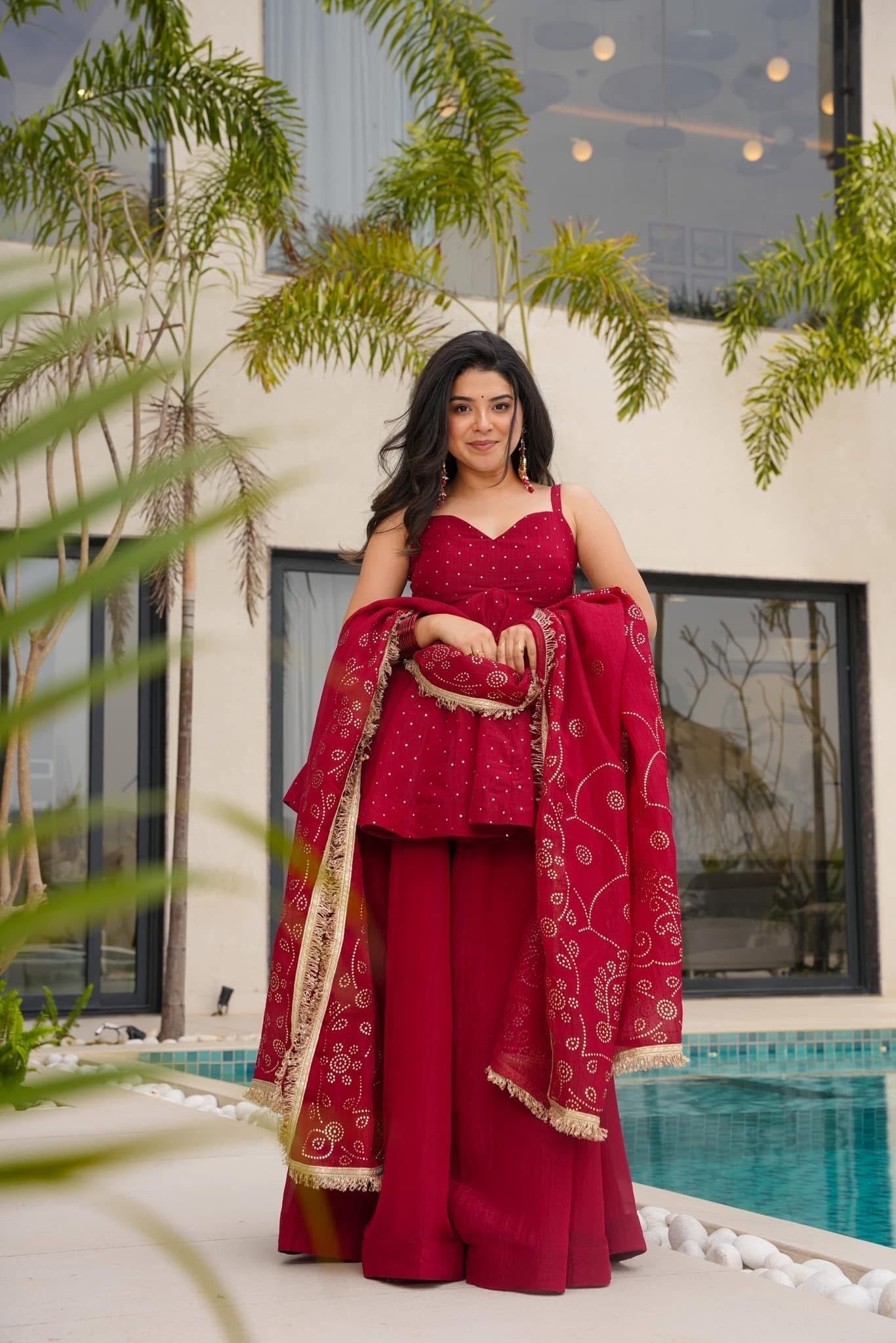 Wedding Wear Wine Red Sharara Set For Women