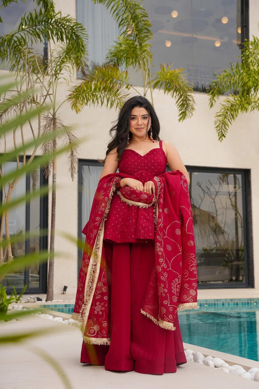 Wedding Wear Wine Red Sharara Set For Women