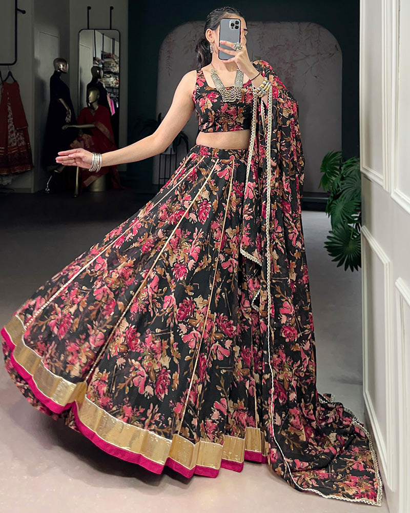 Exquisite Black Color Chiffon Digital Printed Lehenga Choli - ETHNICDEAL