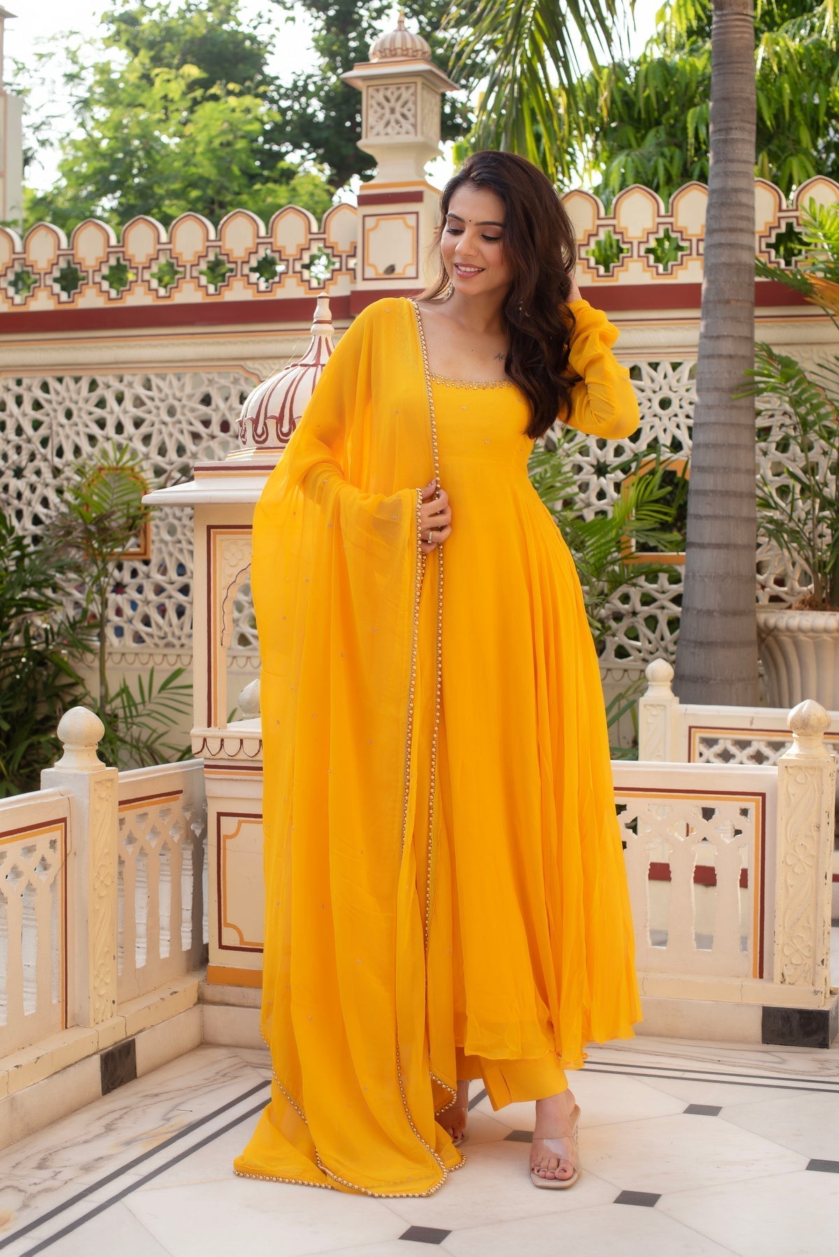 Beautiful Yellow Anarkali Suit Set with Georgette Dupatta