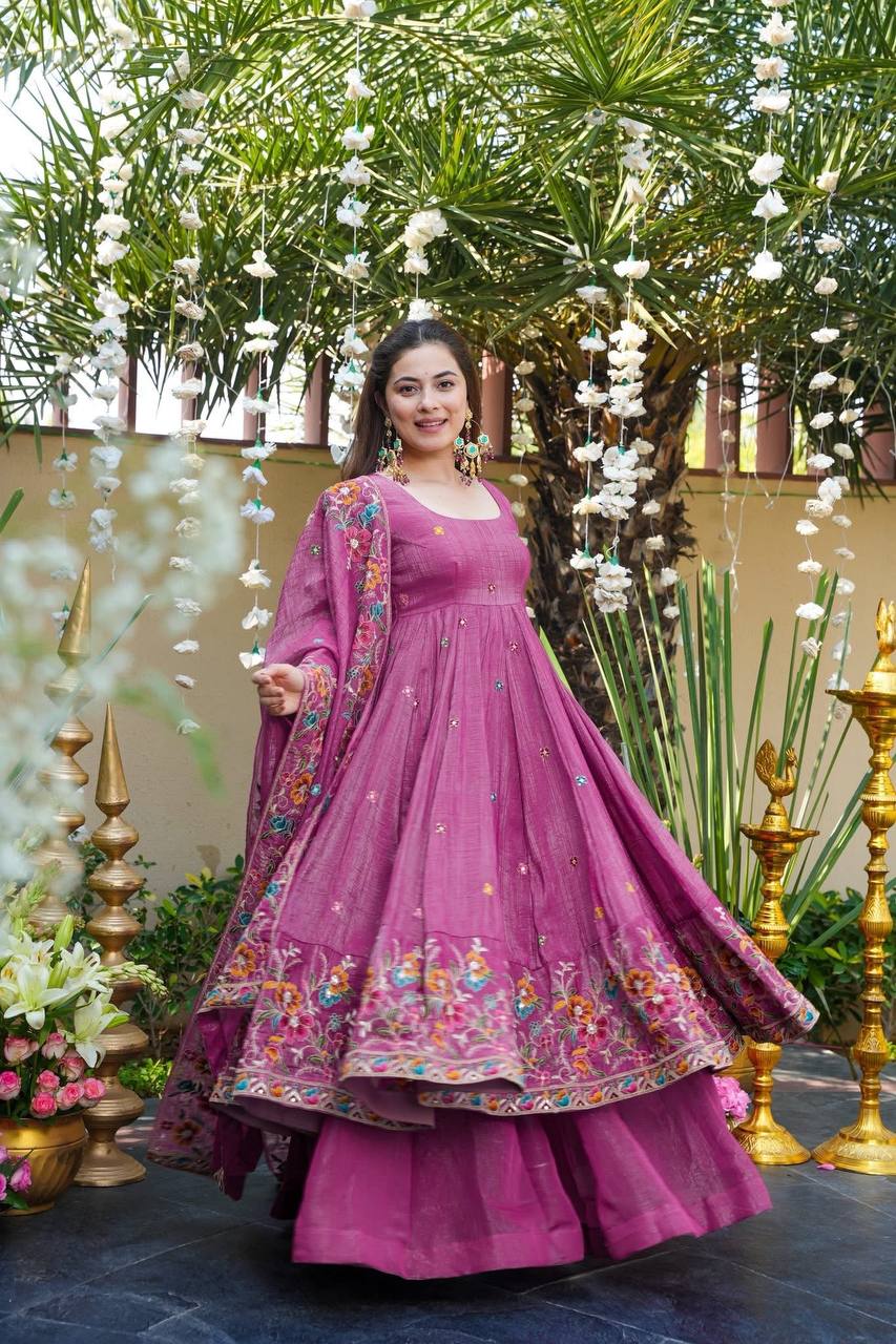 Festive Designer Wear Rose Pink Anarkali Sharara Set | Festive Wear for Women | Anarkali Suit For Women