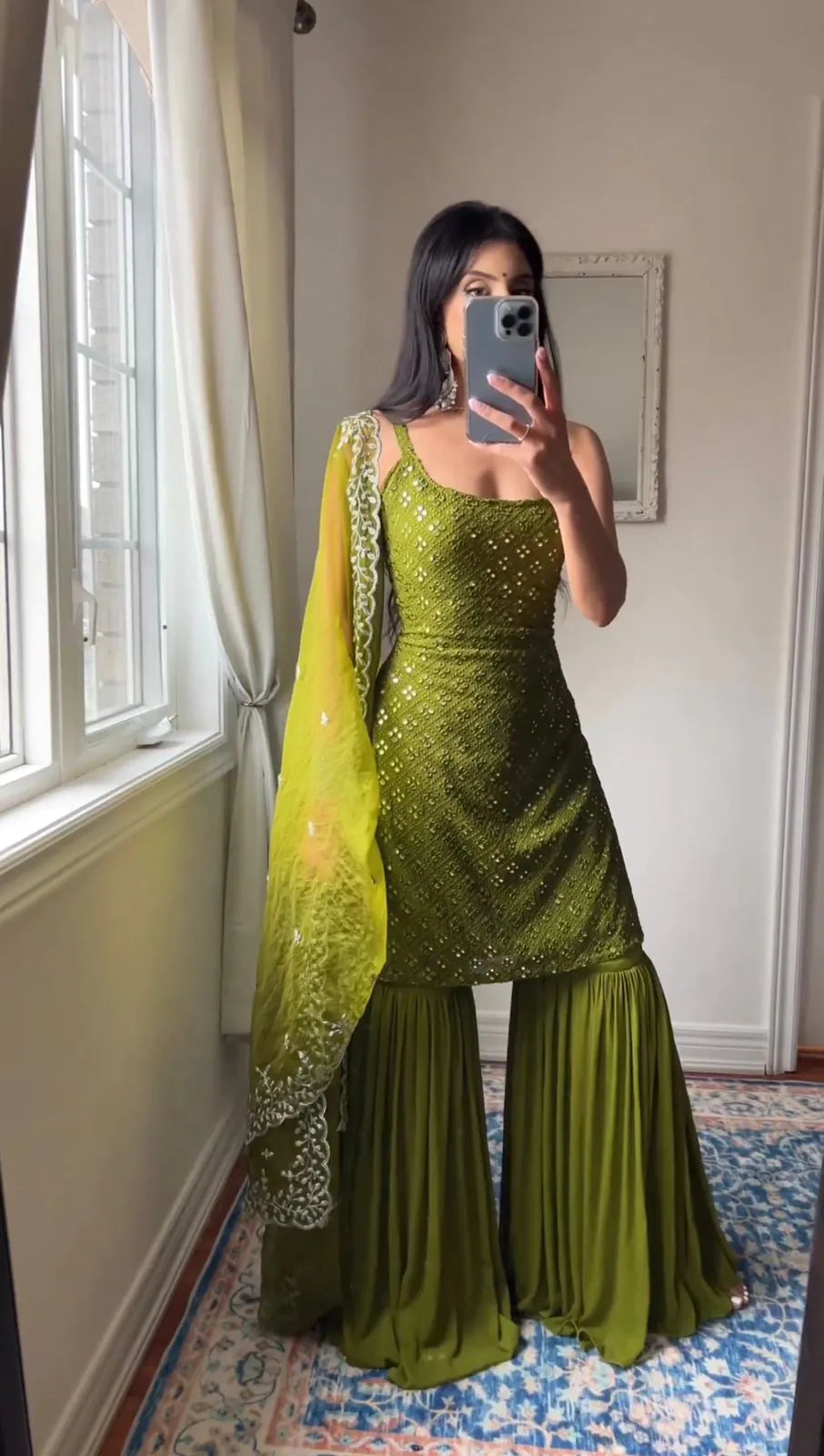 Festive Wear Olive Green Embroidered Georgette Kurti Sharara Suit | Reception & Sangeet Wear