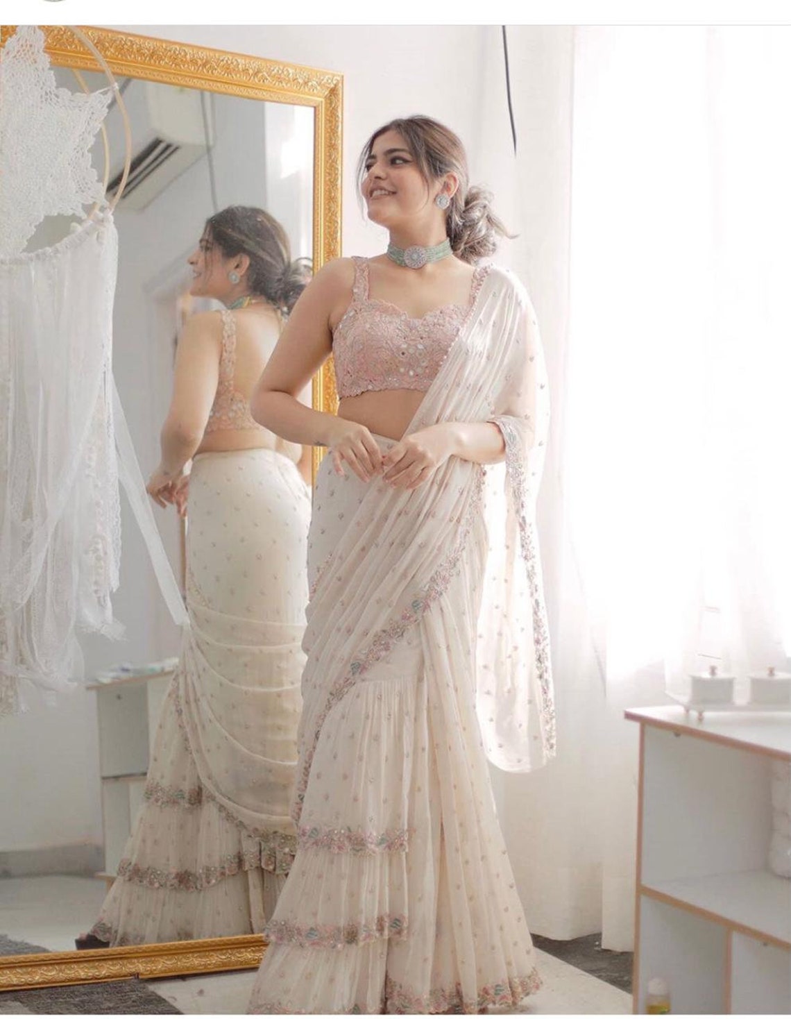 Party Wear Real Mirror Work Ready To Wear Saree For Wedding