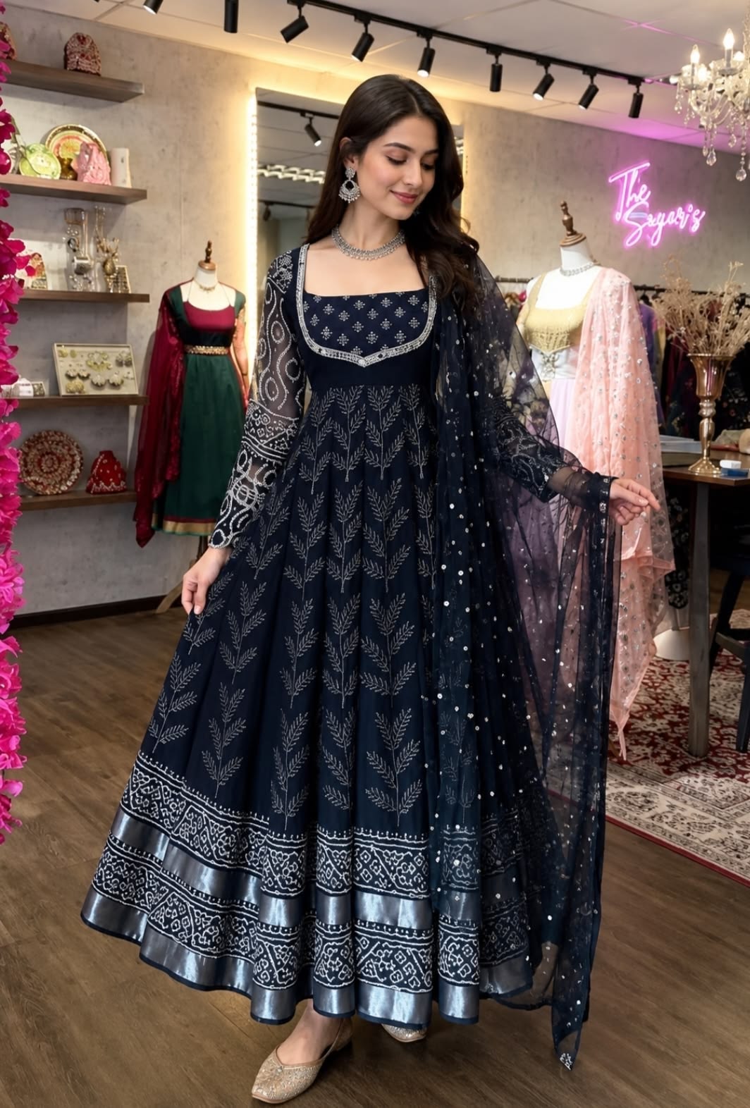 Party Wear Navy Blue Anarkali Gown For Women