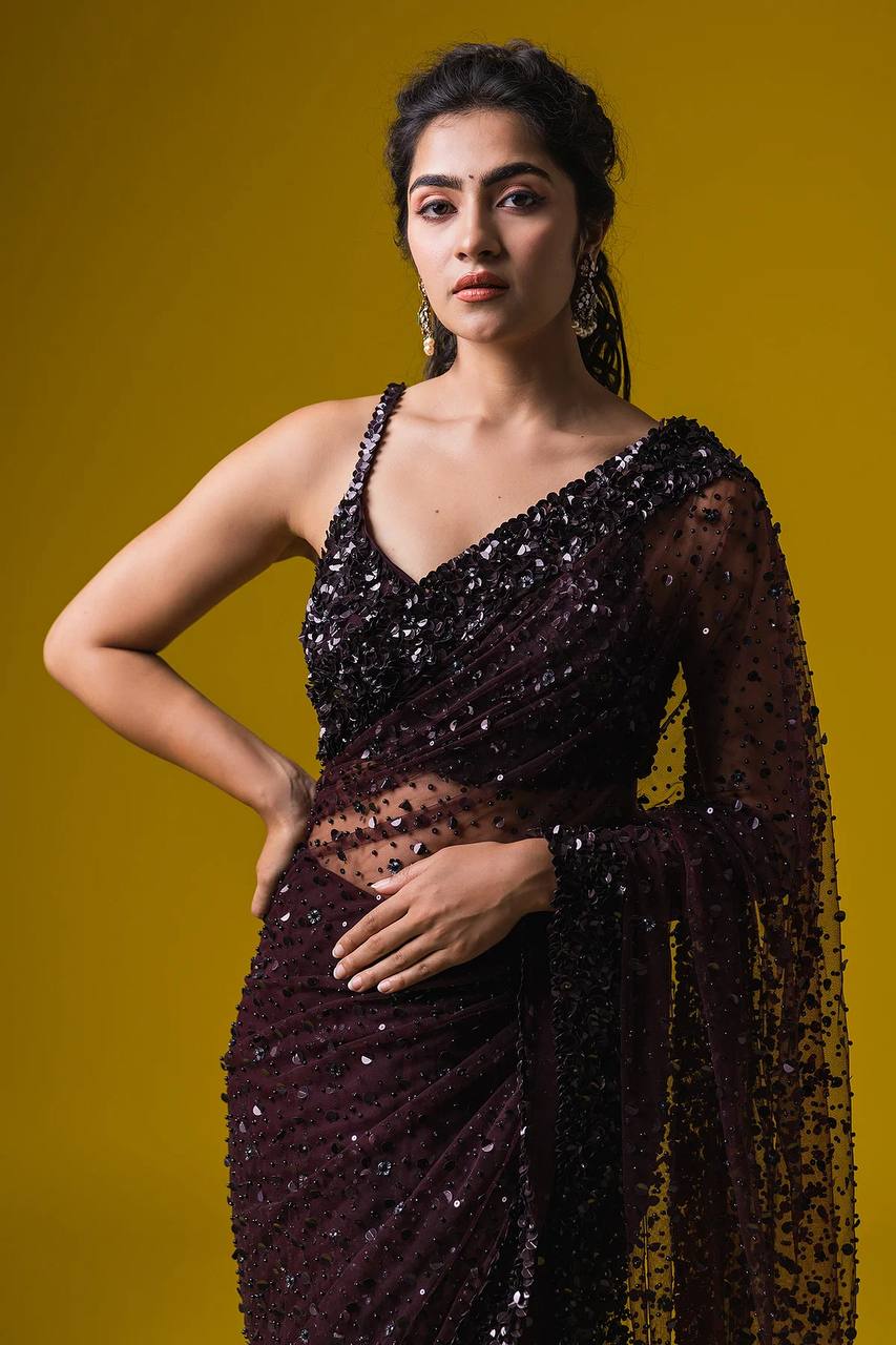 Dark Brown Glamorous Net Saree | Engagement & Party Wear