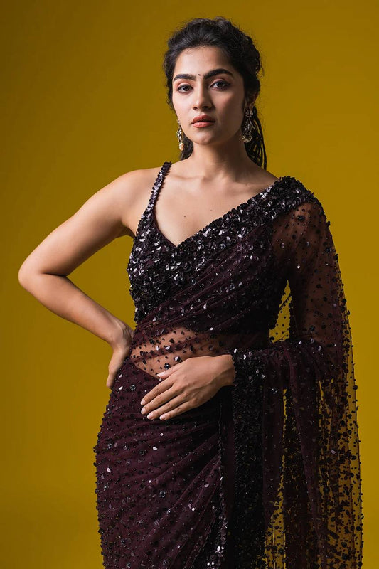 Dark Brown Glamorous Net Saree | Engagement & Party Wear