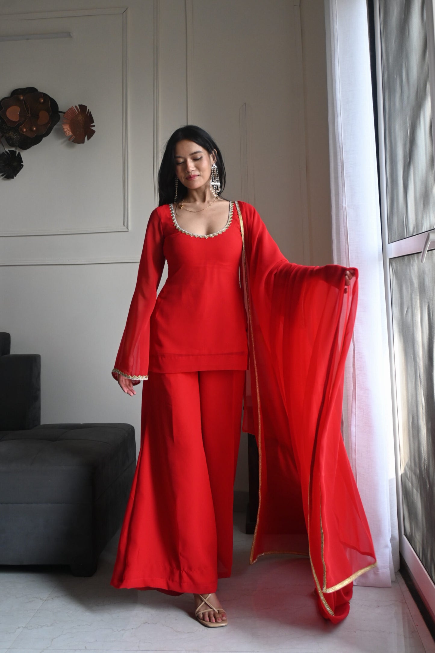 90's Style Red Handcrafted Georgette Palazzo Sharara Suit Set | Wedding & Party Wear