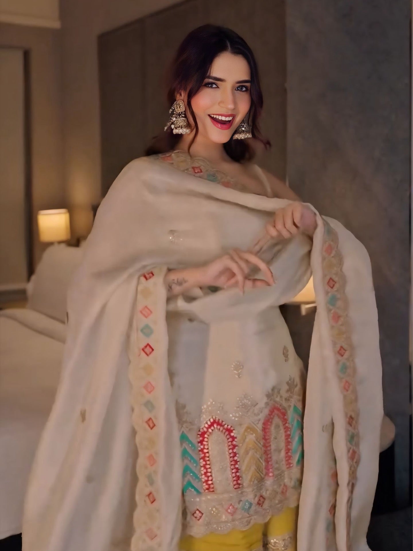 Ivory Chinnon Silk Sharara Set with Embroidered Dupatta | Festive & Party Wear | Sharara Set For Women
