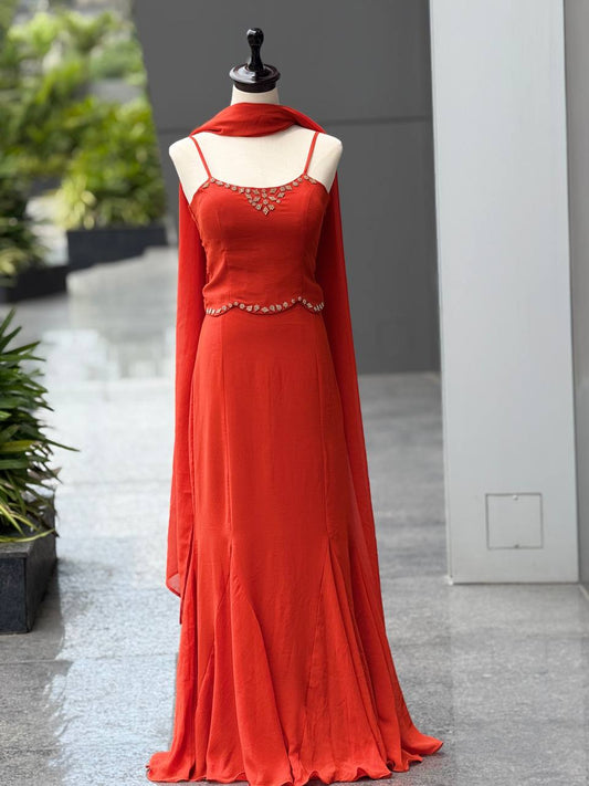 90’s Style Red Fish Cut Lehenga Choli for Women