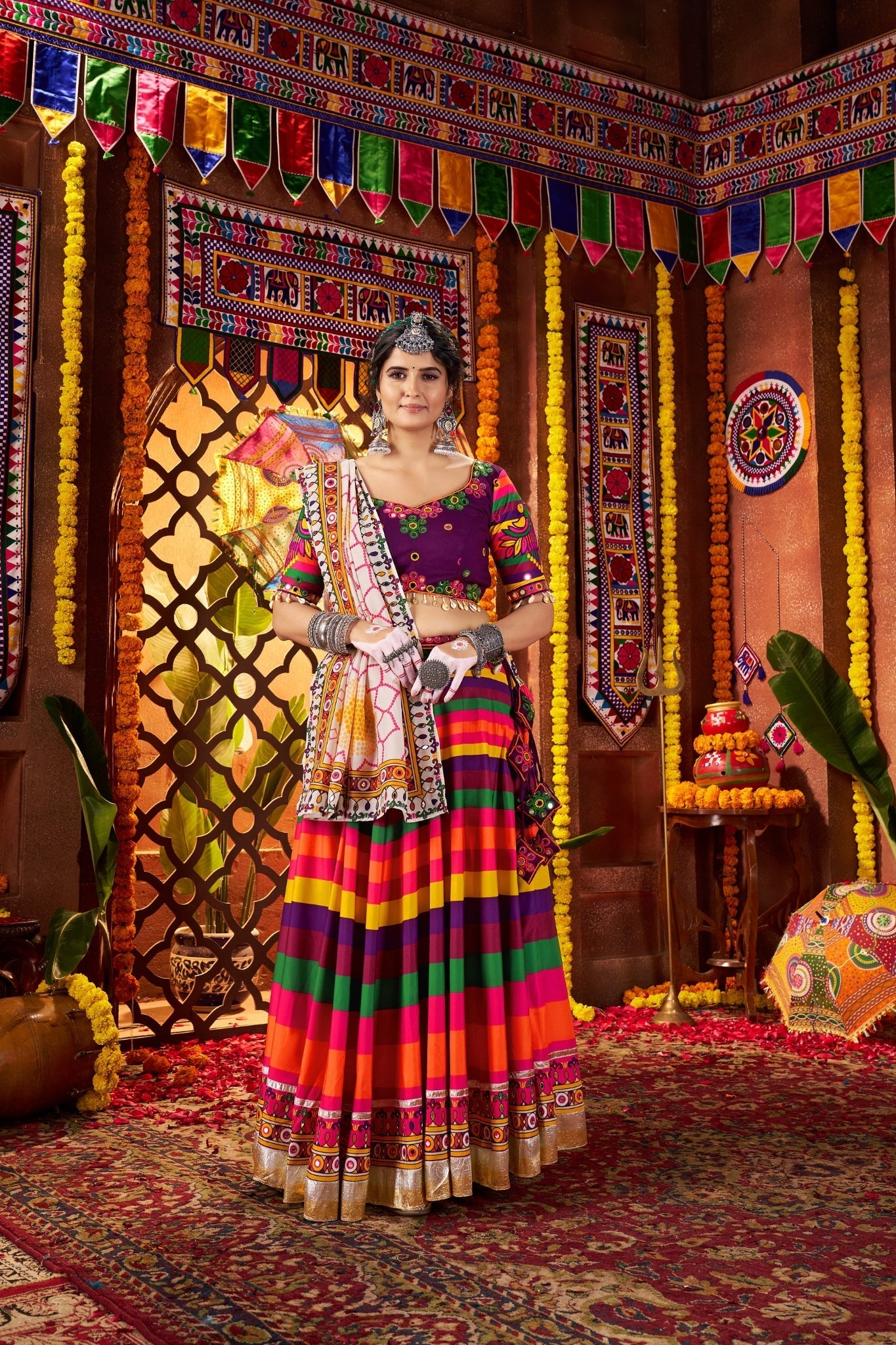 Multi Color Muslin Designer Stunning Print With Mirror Work Navratri Lehenga Choli - ETHNICDEAL