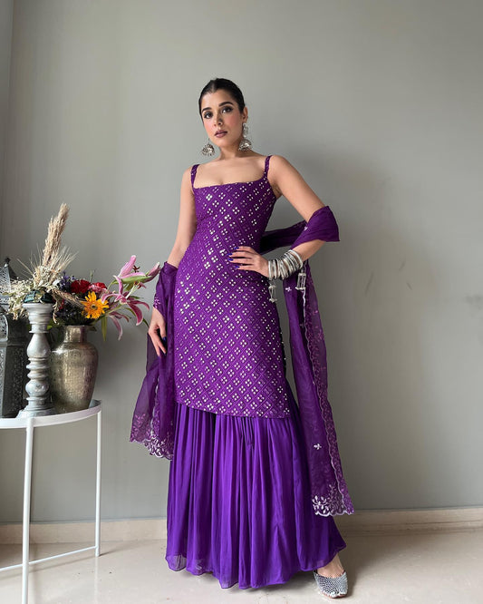 Party Wear Royal Purple Embroidered Georgette Kurti Sharara suit for wedding
