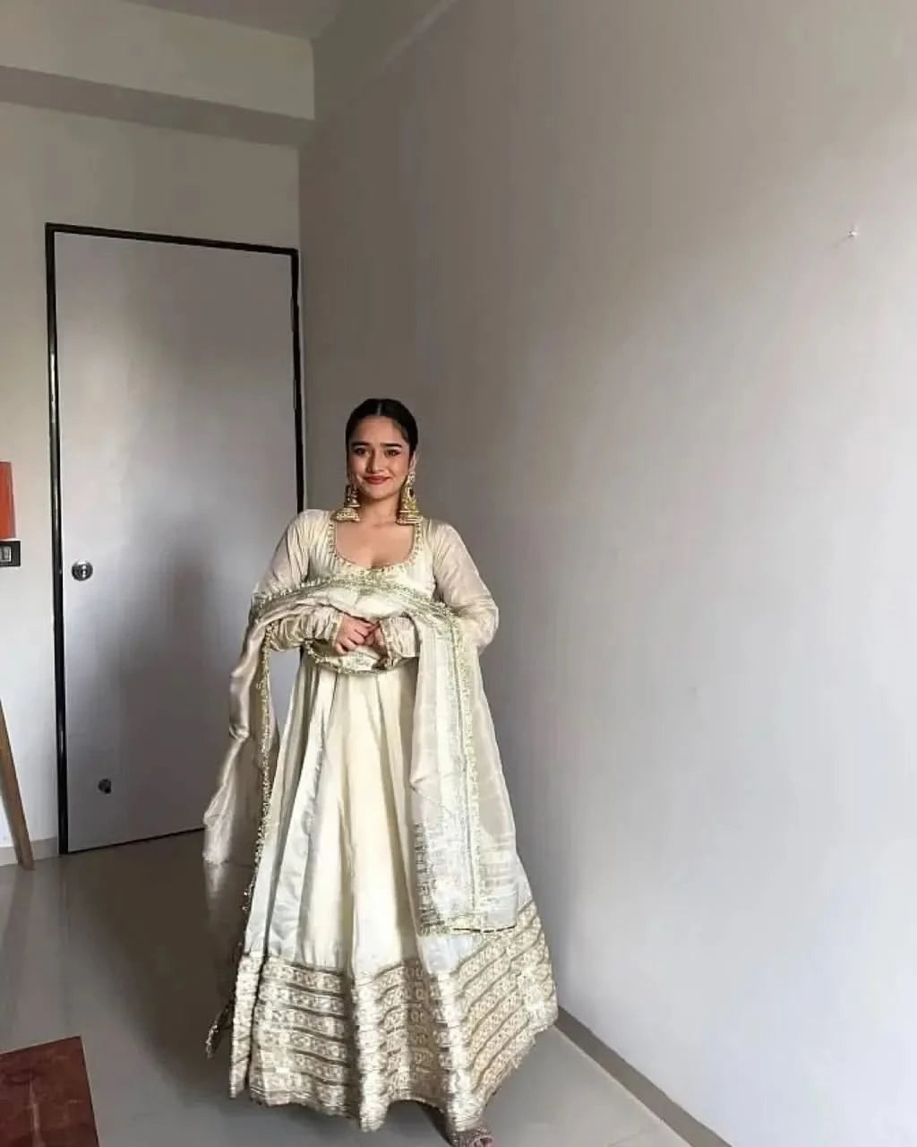 Ivory Chinon Embroidered Anarkali Suit Set For Women | White Anarkali Suit For Women