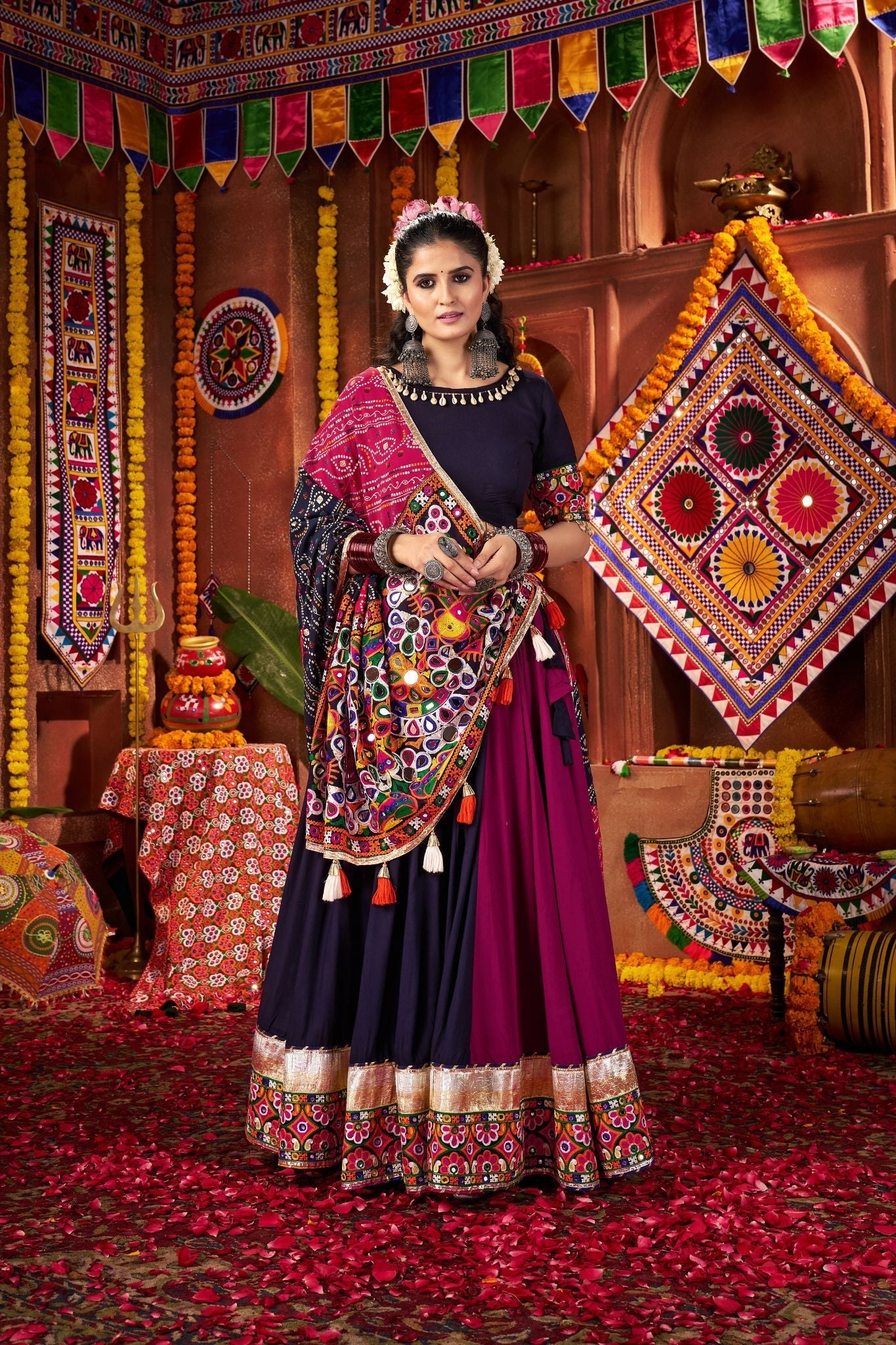 Beautifully Multi Color Designer Viscose Cotton Navratri Lehenga Choli - ETHNICDEAL