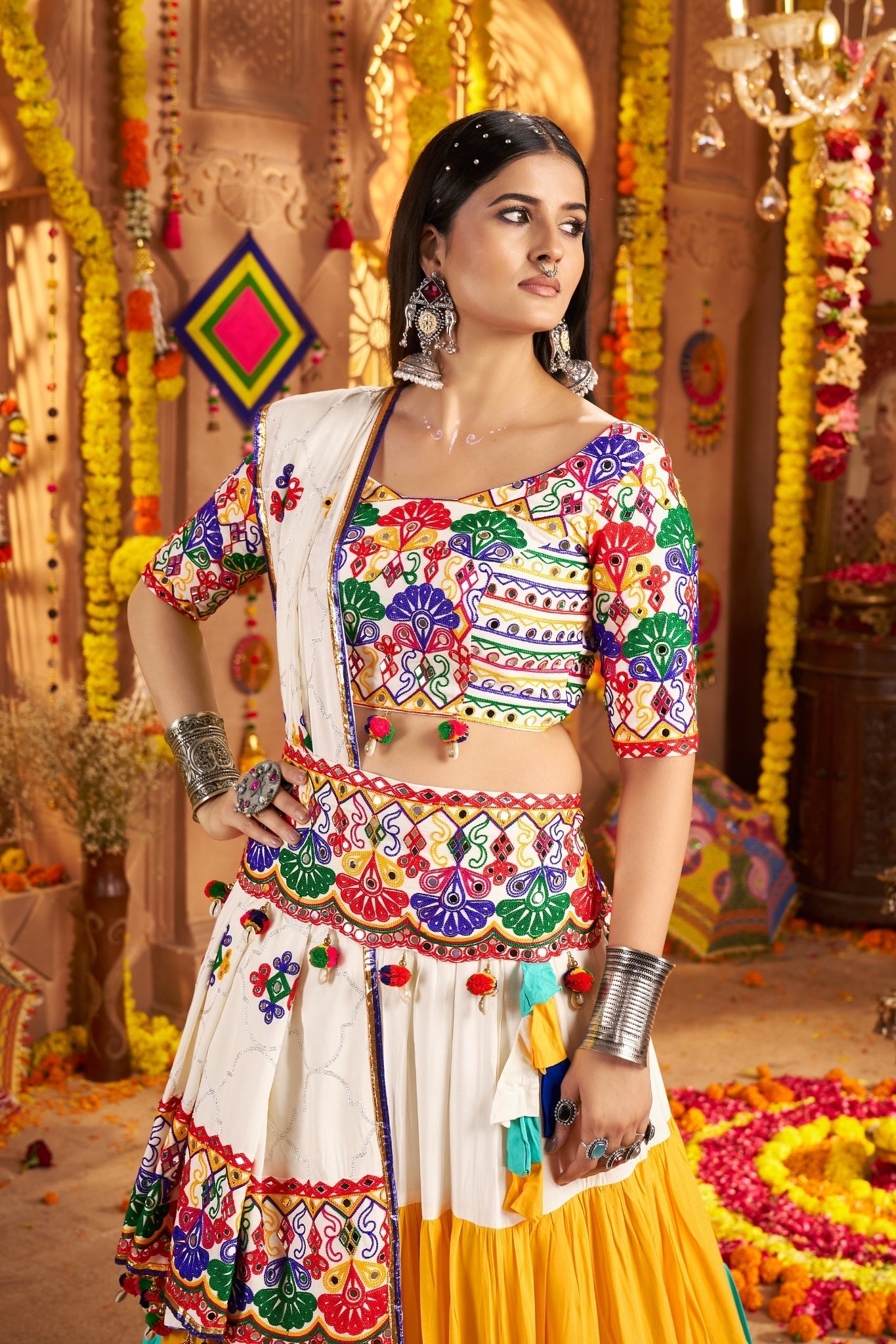 Beautiful Viscose Cotton Traditional Tread Embroidered With Mirror Work Navratri Lehenga Choli - ETHNICDEAL