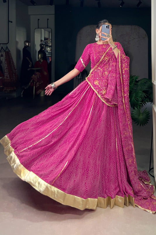 Vibrant Bandhej Print Designer Georgette With Mirror Work Lehenga Choli Set For Wedding And Navratri - ETHNICDEAL