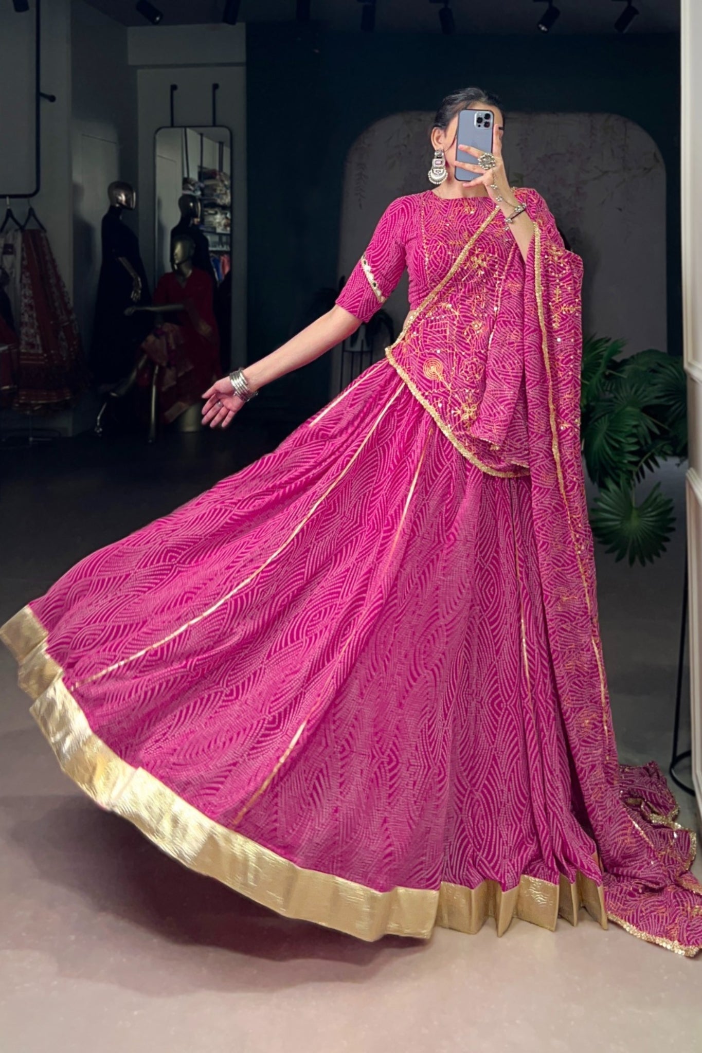 Vibrant Bandhej Print Designer Georgette With Mirror Work Lehenga Choli Set For Wedding And Navratri - ETHNICDEAL