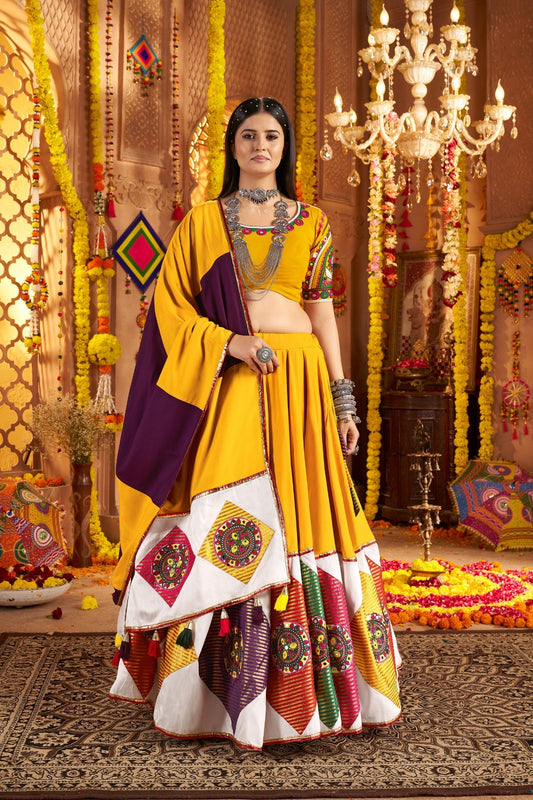 Mustard Yellow Viscose Cotton Traditional Designer Navratri Lehenga Choli - ETHNICDEAL