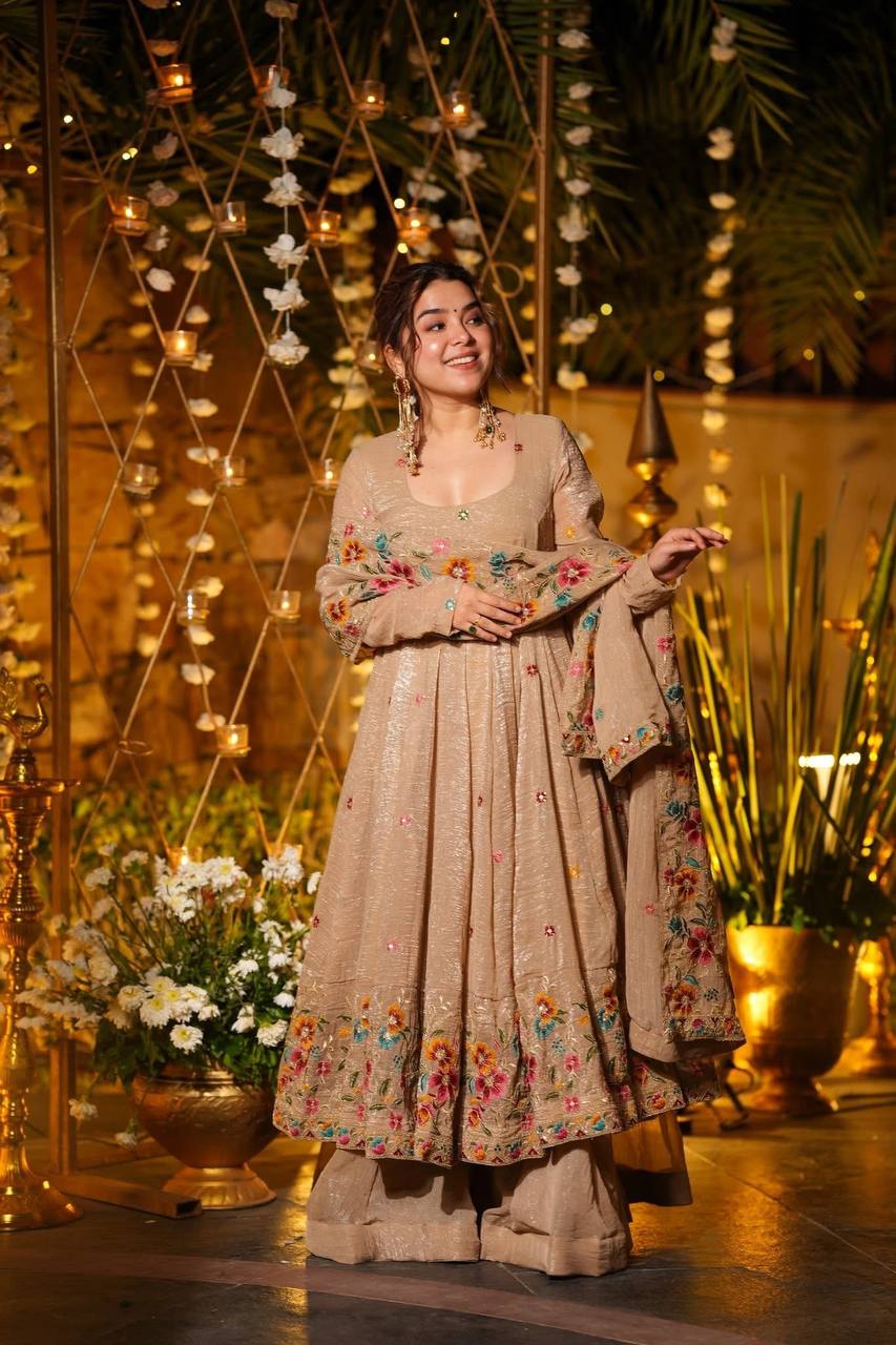 Champagne Beige Anarkali Sharara Set For Elegant Festive Wear | Sharara Set For Women