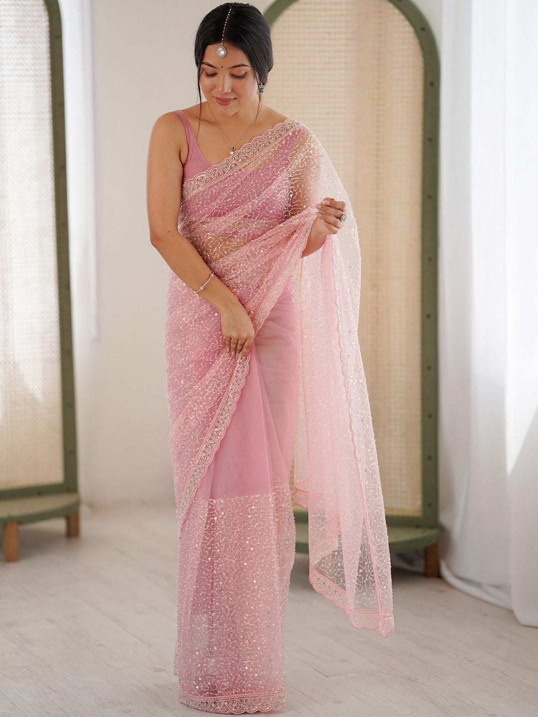 Blush Pink Sequin Embellished Saree For Women | Net Glitter Saree For Wedding