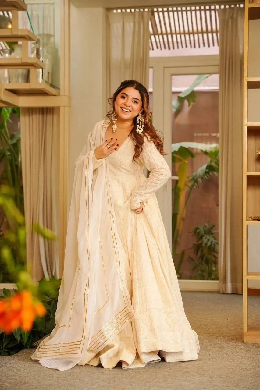 Off White Wedding Wear Georgette Anarkali Suit For Women | White Anarkali Suit For Women