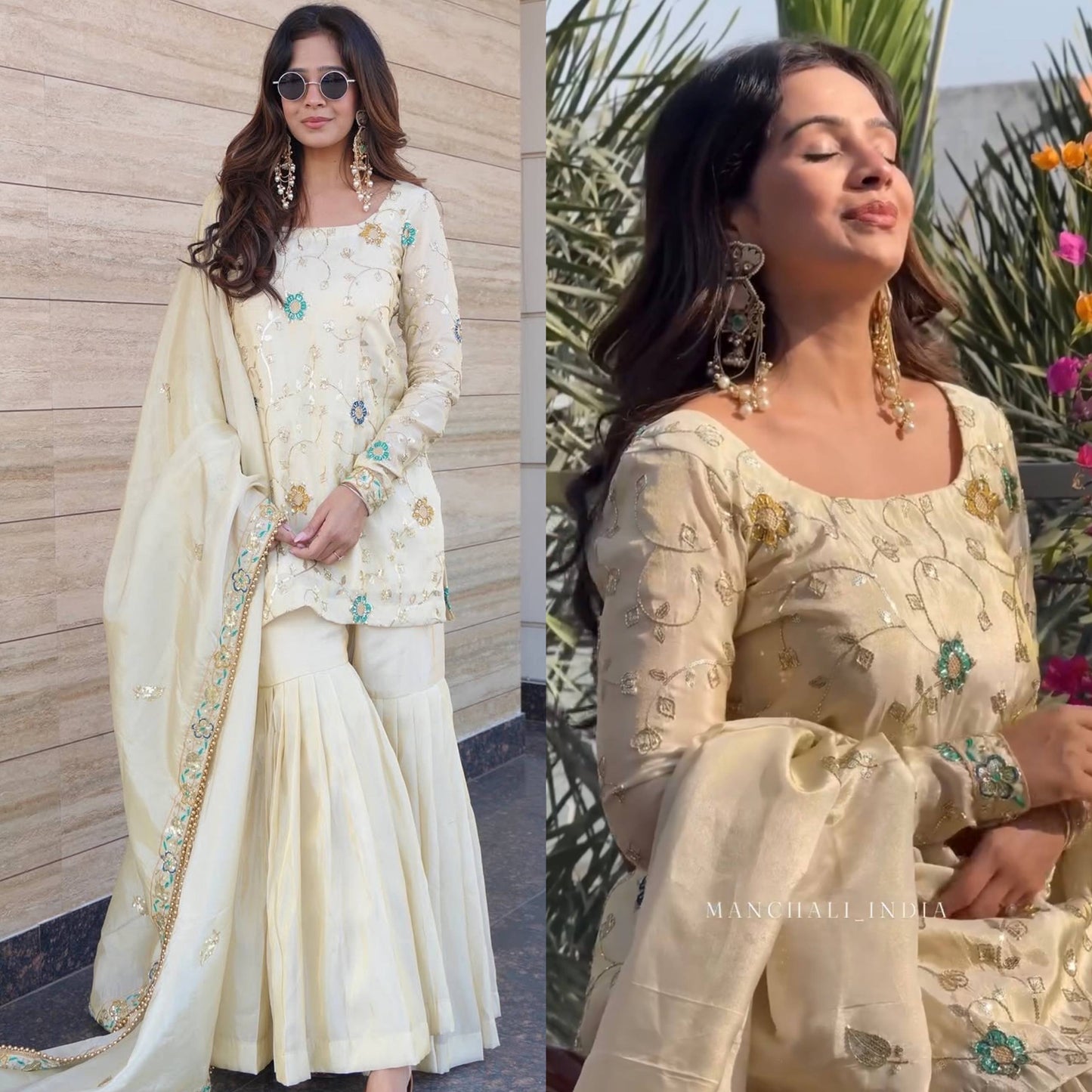 Ivory Chinnon Silk Embroidered Sharara Set For Women