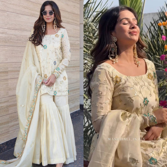 Ivory Chinnon Silk Embroidered Sharara Set For Women