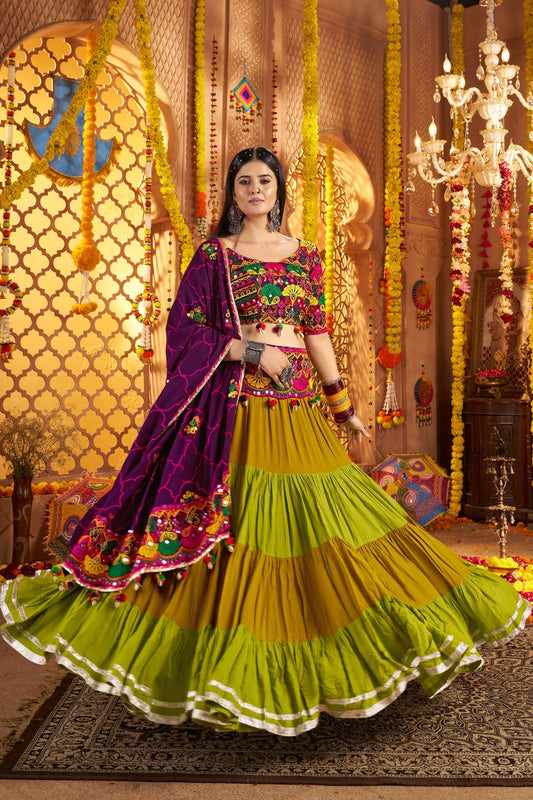 Designer Festive Spirit Viscose Cotton Multi Tread With Mirror Work Traditional Navratri Lehenga Choli - ETHNICDEAL