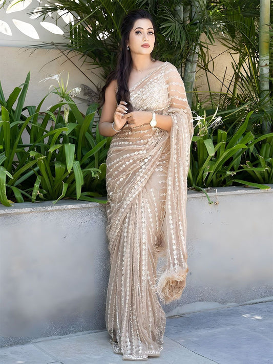 Nude Silver Sequin Embellished Net Saree | Net Glitter Saree For Women