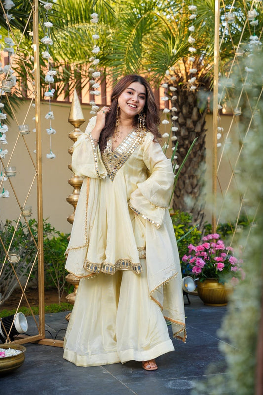 White Ivory Color Heavy Mirror Embellished Anarkali With Sharara & Dupatta | White Anarkali Suit For Women